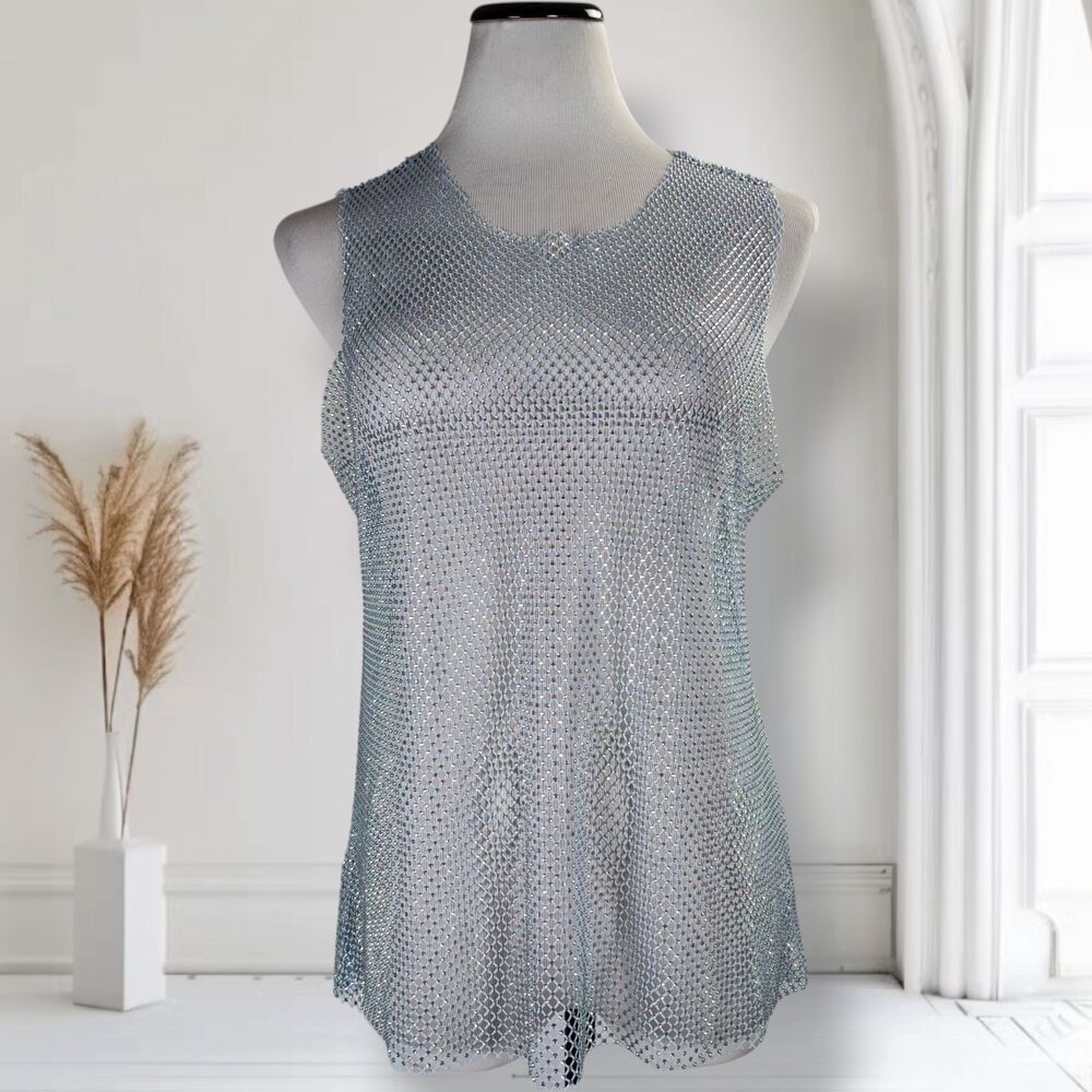 Haute Monde Rhinestone Fishnet Top Size L Light Blue Sleeveless Festival Sheer